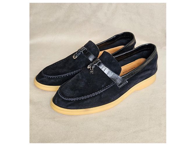 Loro Piana Summer Walk Mocassini Camoscio Nero Dettaglio Coccodrillo - vista 5