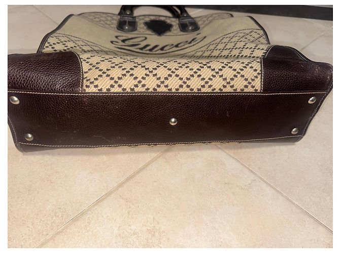 Borsa tote Gucci in tela beige e pelle marrone - vista 4