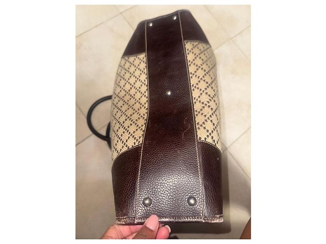 Borsa tote Gucci in tela beige e pelle marrone - vista 5