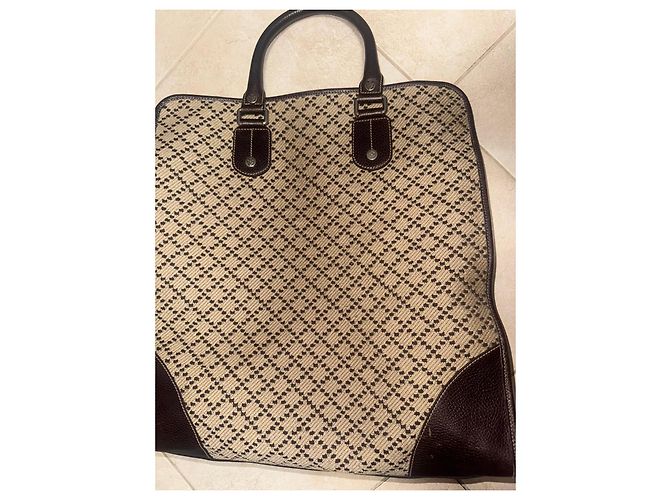 Borsa tote Gucci in tela beige e pelle marrone - vista 6