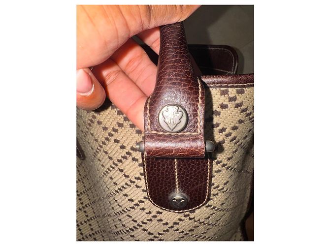 Borsa tote Gucci in tela beige e pelle marrone - vista 7