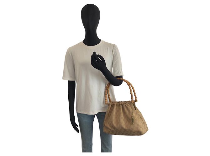 Borsa Gucci Bamboo Marrone Beige in Tela - vista 6