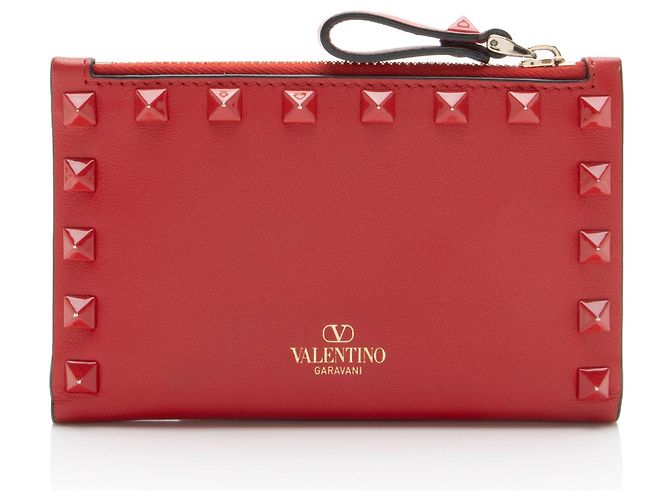 Valentino Garavani Portafoglio bifold Valentino in vitello Rockstud Rosso - vista 3