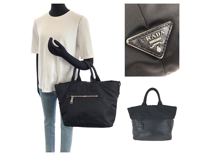 Borsa Tote Doppia Prada Tessuto Nero - vista 7