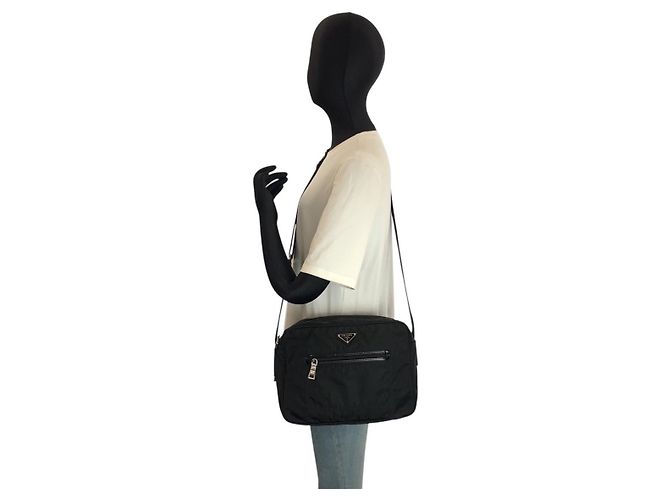 Prada Tessuto Triangle Logo Shoulder Bag Black - view 6