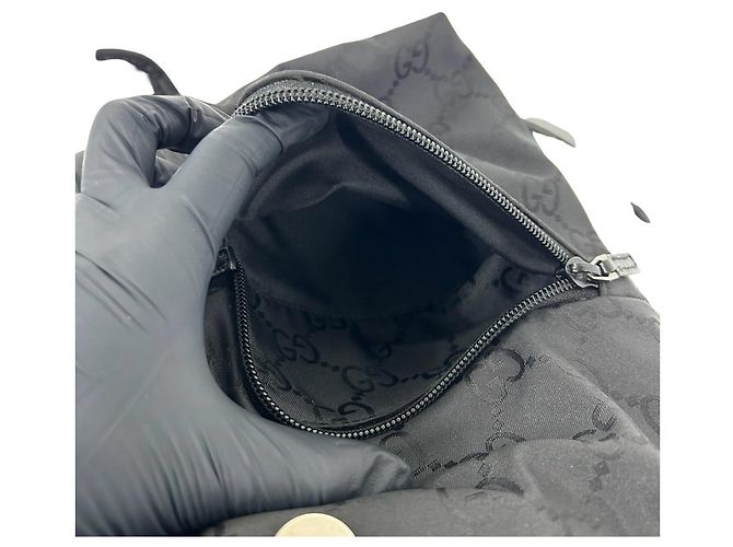 Gucci GG Logo Pattern Nylon and Leather Drawstring Backpack Black - view 10