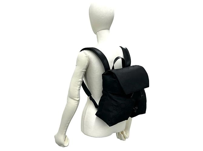 Gucci GG Logo Pattern Nylon and Leather Drawstring Backpack Black - view 2