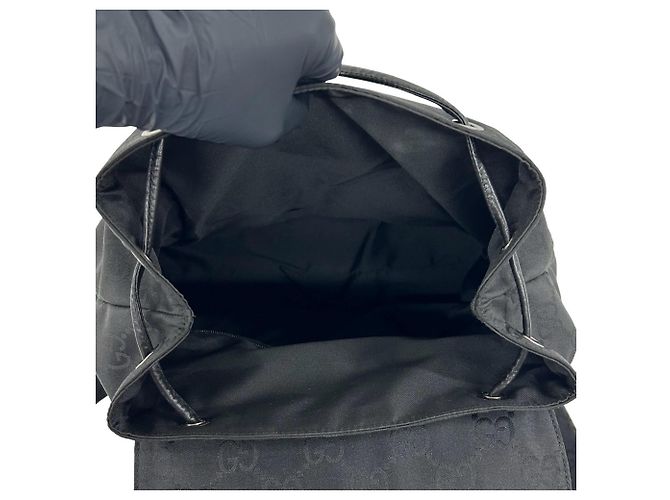 Gucci GG Logo Pattern Nylon and Leather Drawstring Backpack Black - view 9
