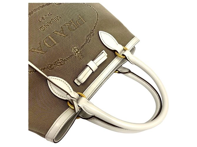 Mini borsa tote Prada in pelle e tela marrone e bianca Bianco - vista 4