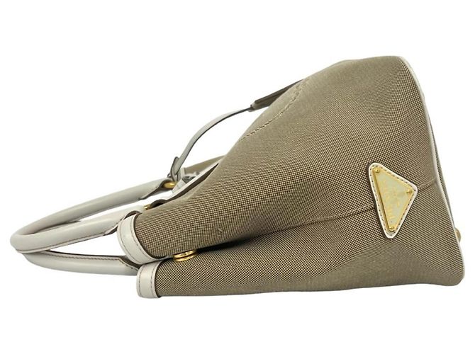 Mini borsa tote Prada in pelle e tela marrone e bianca Bianco - vista 5