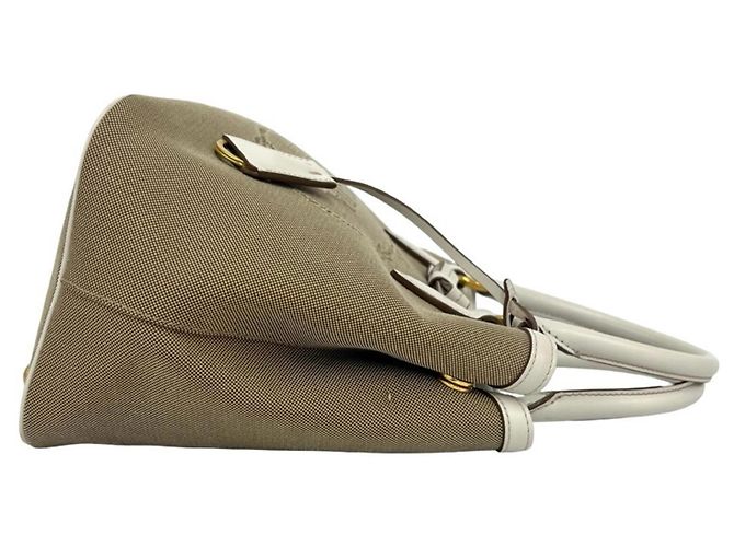 Mini borsa tote Prada in pelle e tela marrone e bianca Bianco - vista 6
