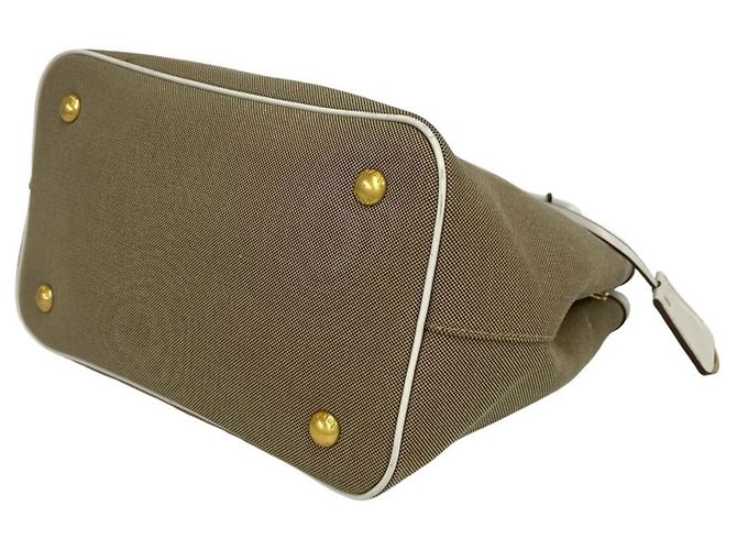 Mini borsa tote Prada in pelle e tela marrone e bianca Bianco - vista 8