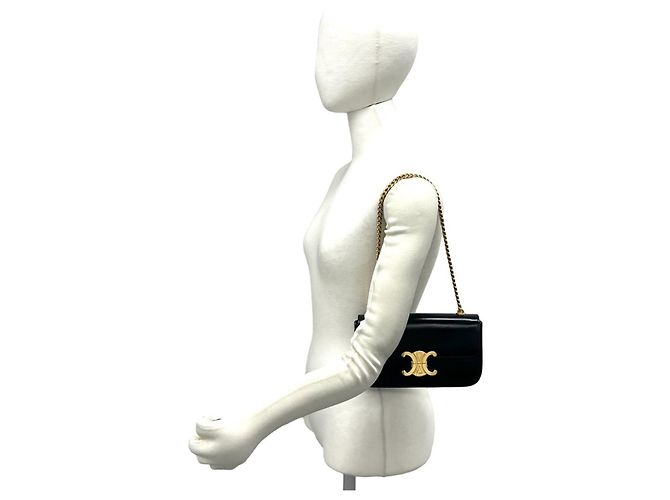 Céline Bolsa Mini Semi One Shoulder em couro com corrente e logo Triomphe Celine Claude Preto - vista 2