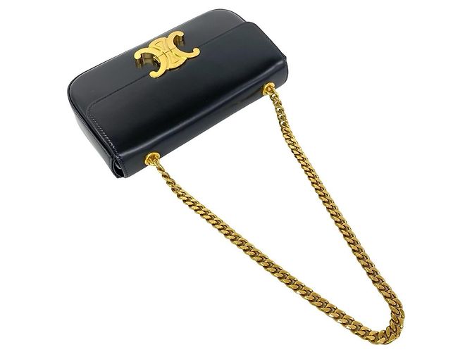 Céline Bolsa Mini Semi One Shoulder em couro com corrente e logo Triomphe Celine Claude Preto - vista 4