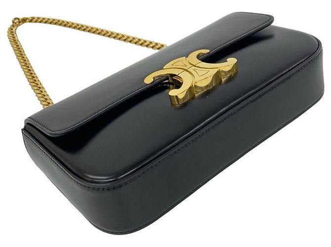 Céline Bolsa Mini Semi One Shoulder em couro com corrente e logo Triomphe Celine Claude Preto - vista 7