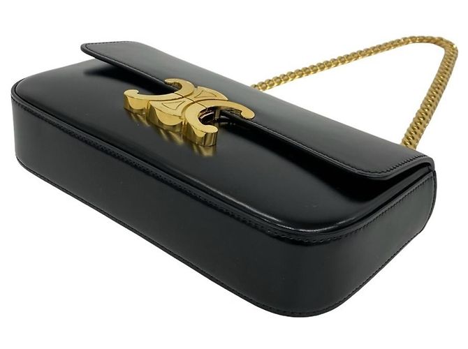 Céline Bolsa Mini Semi One Shoulder em couro com corrente e logo Triomphe Celine Claude Preto - vista 8