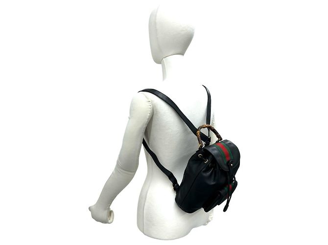 Bamboo Mochila Gucci Old Sherry Line em couro e bambu Preto Vermelho Verde - vista 2