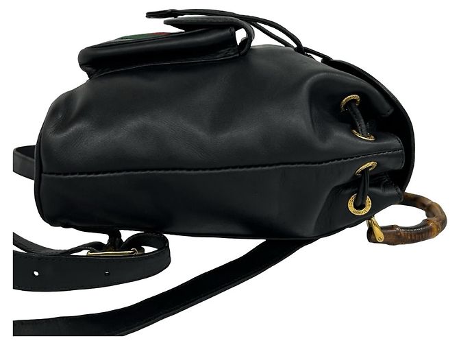 Bamboo Mochila Gucci Old Sherry Line em couro e bambu Preto Vermelho Verde - vista 6