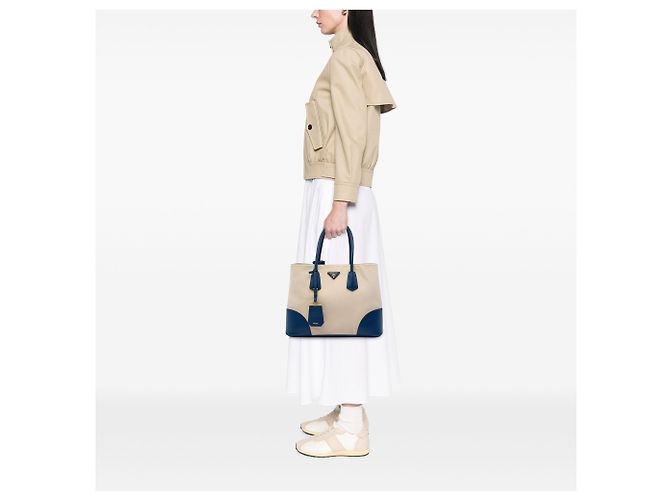 Prada Large Canapa und Saffiano Double Satchel Beige - Ansicht 7