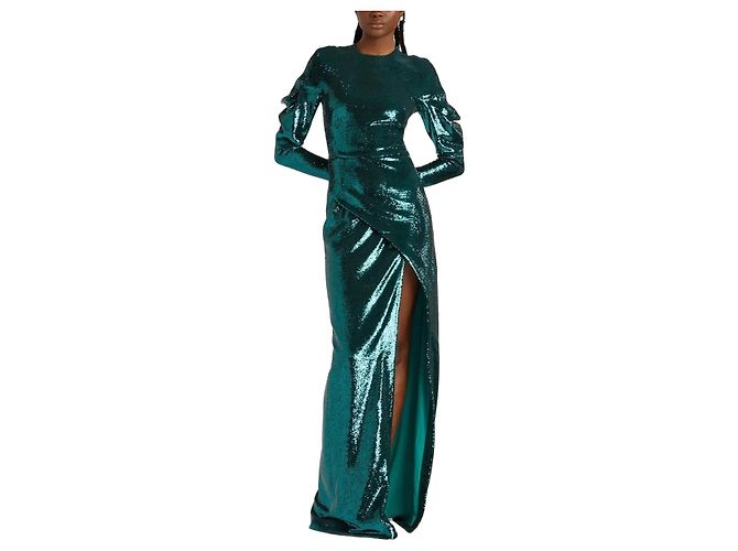Genny Langes grünes Paillettenkleid mit langen Ärmeln - Ansicht 2