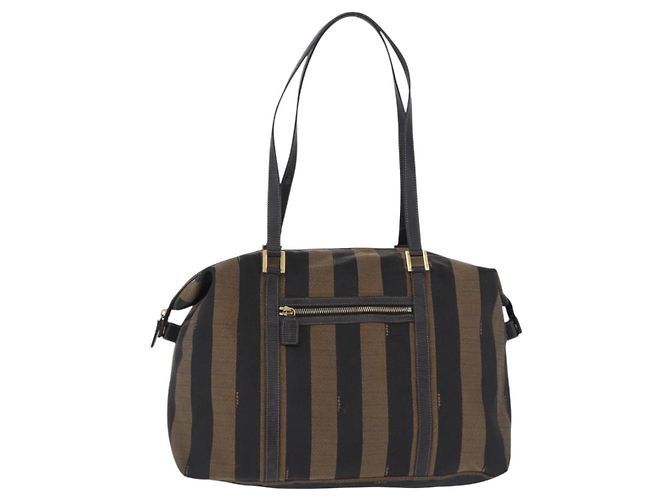 Pequin Borsa Tote FENDI Pecan Canvas Marrone Nero Auth 202984 - vista 13