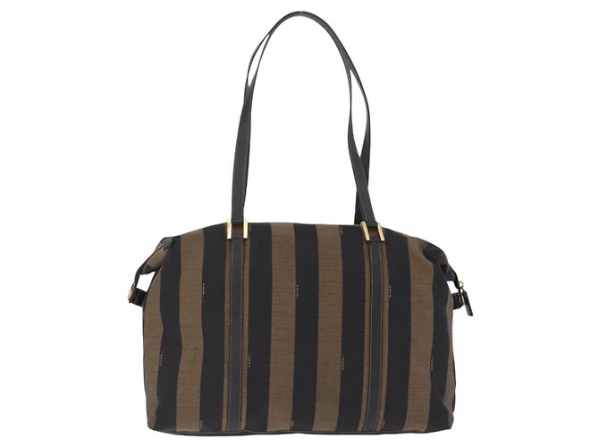 Pequin Borsa Tote FENDI Pecan Canvas Marrone Nero Auth 202984 - vista 2