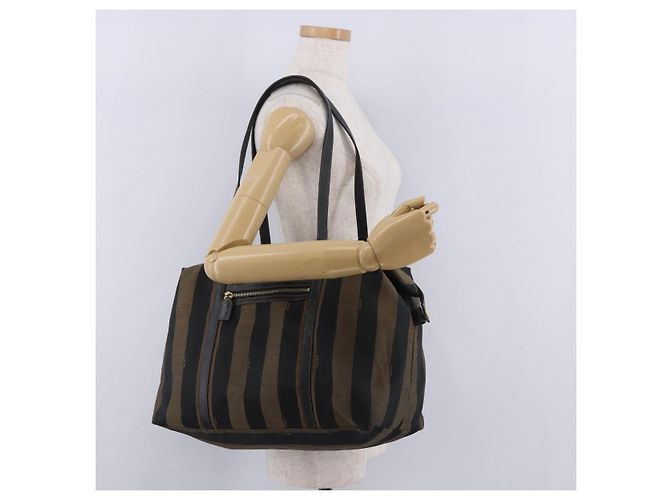 Pequin Borsa Tote FENDI Pecan Canvas Marrone Nero Auth 202984 - vista 23