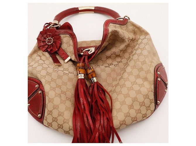 Borsa Hobo Gucci Monogram Bamboo con Nappine Rosso Beige - vista 6