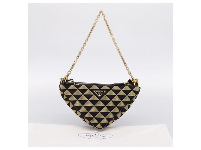 Bolsa de Mão PRADA Triangle Canvas Leather 2way Beige Black 1BC176 Auth ka6170M Preto Bege - vista 12