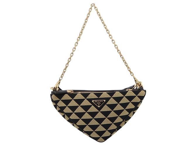 Bolsa de Mão PRADA Triangle Canvas Leather 2way Beige Black 1BC176 Auth ka6170M Preto Bege - vista 13