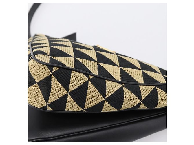 Bolsa de Mão PRADA Triangle Canvas Leather 2way Beige Black 1BC176 Auth ka6170M Preto Bege - vista 15