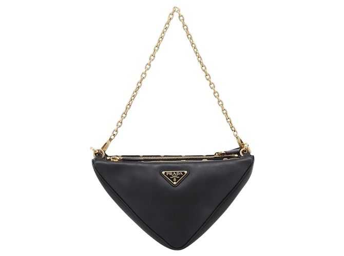 Bolsa de Mão PRADA Triangle Canvas Leather 2way Beige Black 1BC176 Auth ka6170M Preto Bege - vista 2