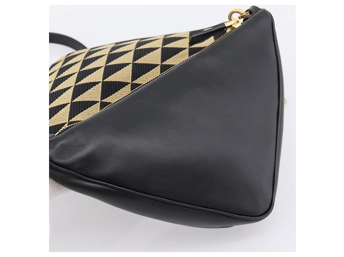 Bolsa de Mão PRADA Triangle Canvas Leather 2way Beige Black 1BC176 Auth ka6170M Preto Bege - vista 23