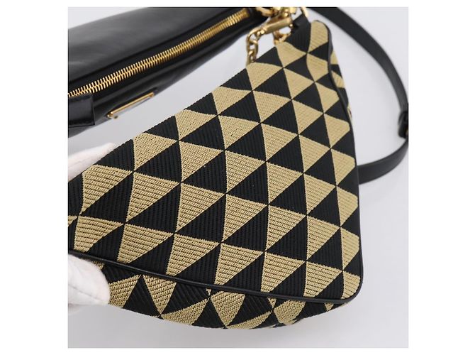 Bolsa de Mão PRADA Triangle Canvas Leather 2way Beige Black 1BC176 Auth ka6170M Preto Bege - vista 24