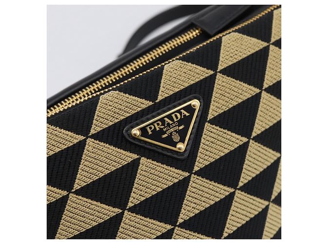 Bolsa de Mão PRADA Triangle Canvas Leather 2way Beige Black 1BC176 Auth ka6170M Preto Bege - vista 25