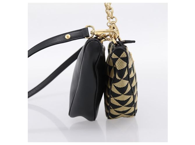 Bolsa de Mão PRADA Triangle Canvas Leather 2way Beige Black 1BC176 Auth ka6170M Preto Bege - vista 3