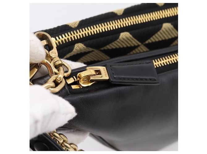 Bolsa de Mão PRADA Triangle Canvas Leather 2way Beige Black 1BC176 Auth ka6170M Preto Bege - vista 30
