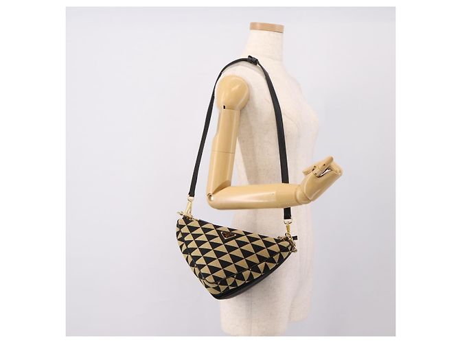 Bolsa de Mão PRADA Triangle Canvas Leather 2way Beige Black 1BC176 Auth ka6170M Preto Bege - vista 36