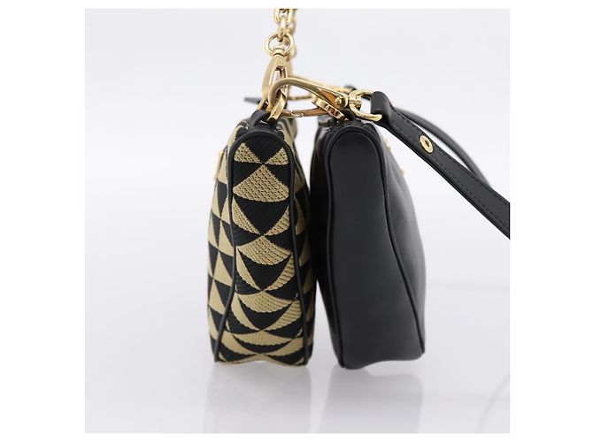 Bolsa de Mão PRADA Triangle Canvas Leather 2way Beige Black 1BC176 Auth ka6170M Preto Bege - vista 4