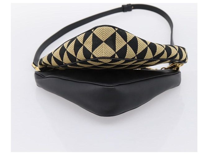 Bolsa de Mão PRADA Triangle Canvas Leather 2way Beige Black 1BC176 Auth ka6170M Preto Bege - vista 5