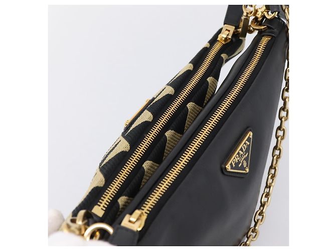 Bolsa de Mão PRADA Triangle Canvas Leather 2way Beige Black 1BC176 Auth ka6170M Preto Bege - vista 6
