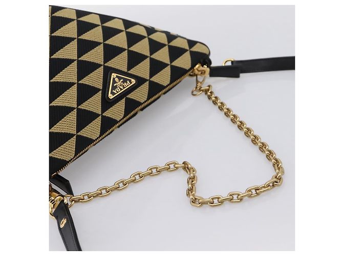Bolsa de Mão PRADA Triangle Canvas Leather 2way Beige Black 1BC176 Auth ka6170M Preto Bege - vista 7