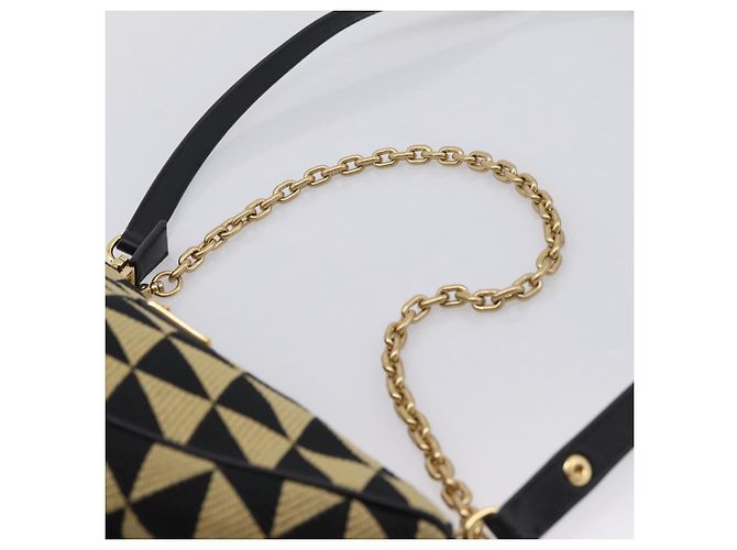 Bolsa de Mão PRADA Triangle Canvas Leather 2way Beige Black 1BC176 Auth ka6170M Preto Bege - vista 8