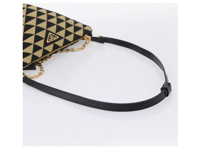 Bolsa de Mão PRADA Triangle Canvas Leather 2way Beige Black 1BC176 Auth ka6170M Preto Bege - vista 9