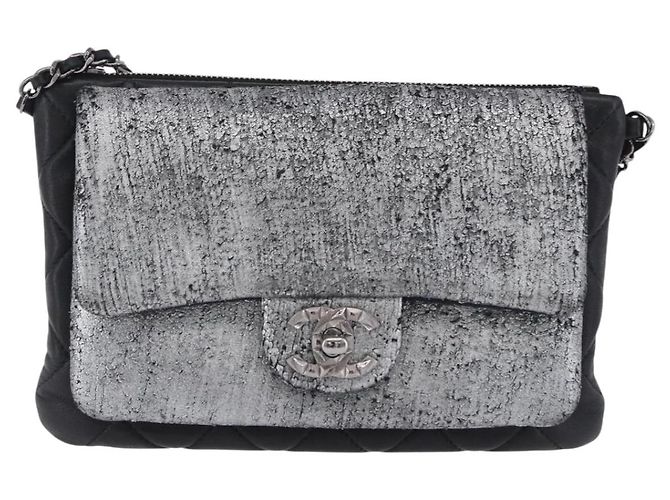 CHANEL Matelasse Schultertasche mit Kette aus Lammleder Schwarz Silber CC Auth 200782V - Ansicht 13