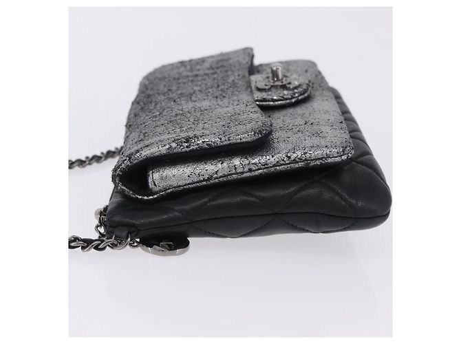 CHANEL Matelasse Schultertasche mit Kette aus Lammleder Schwarz Silber CC Auth 200782V - Ansicht 4