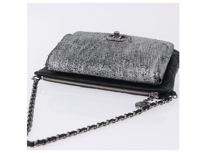 CHANEL Matelasse Schultertasche mit Kette aus Lammleder Schwarz Silber CC Auth 200782V - Ansicht 6