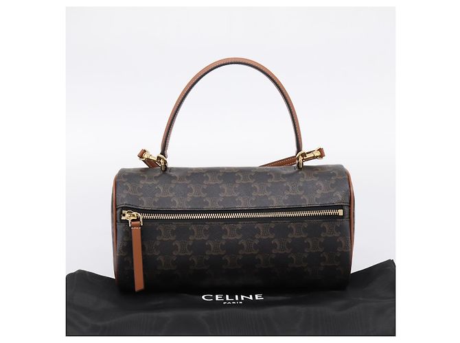 Céline CELINE Macadam Canvas Triomphe Cylinder Bag PVC 2way Brown Gold Auth 203772SAM Castaño Dorado - vista 12
