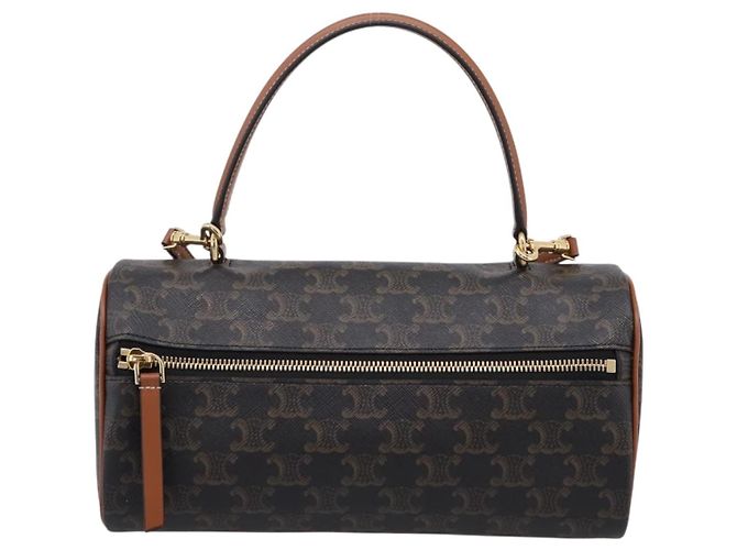 Céline CELINE Macadam Canvas Triomphe Cylinder Bag PVC 2way Brown Gold Auth 203772SAM Castaño Dorado - vista 13