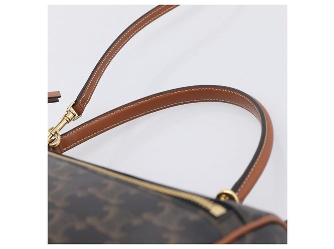 Céline CELINE Macadam Canvas Triomphe Cylinder Bag PVC 2way Brown Gold Auth 203772SAM Castaño Dorado - vista 14
